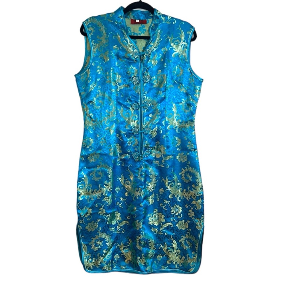 Chinese dress sleeveless blue and gold size L/XL